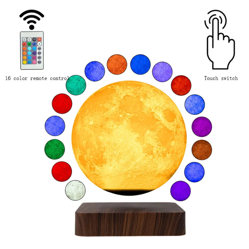 Magnetic Levitation 3D LED Moon Lamp with 16 Colors - Touch-Controlled Floating Atmosphere Lamp for Bedroom and Desk Gift